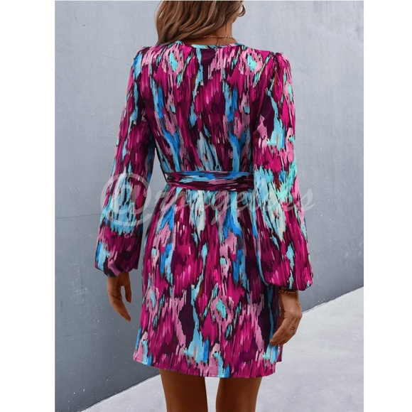 Printed Blue Purple Pink Wrap Short Dress Tie Belt Long Lantern Sleeve - Picture 3 of 10